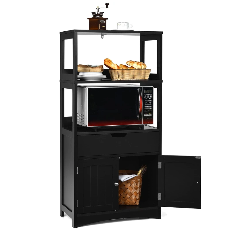 CASART Bathroom Storage Cabinet, Wooden Floor Cupboard with Open Shelves, Drawer and Doors, Freestanding Storage Units for Living Room Kitchen Office (Black)