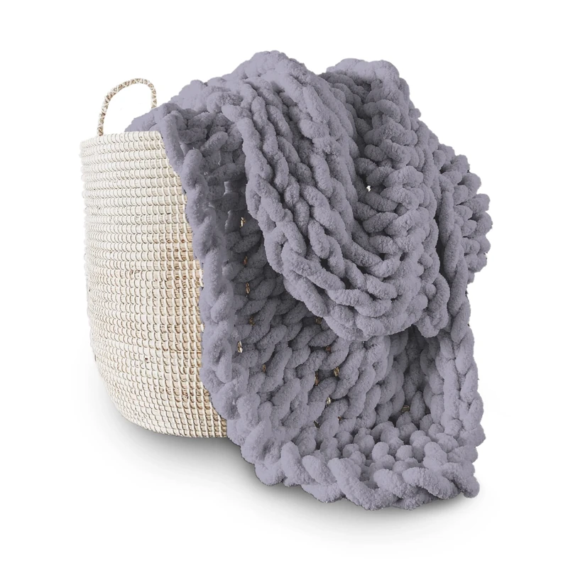 Adyrescia Chunky Knit Blanket Throw | 100% Hand Knit with Jumbo Chenille Yarn (50"x60", Lilac Gray)