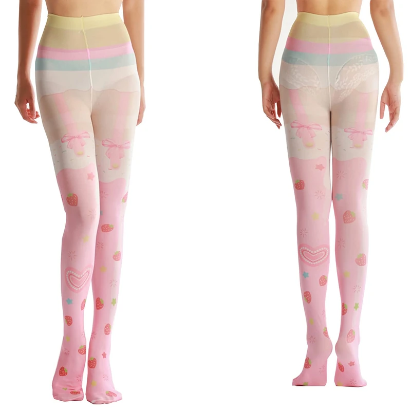 Sahabowi Women Tights, Opaque High Waist Pantyhose, Vintage Control Top Stockings, Ice Cream Strawberry, One size