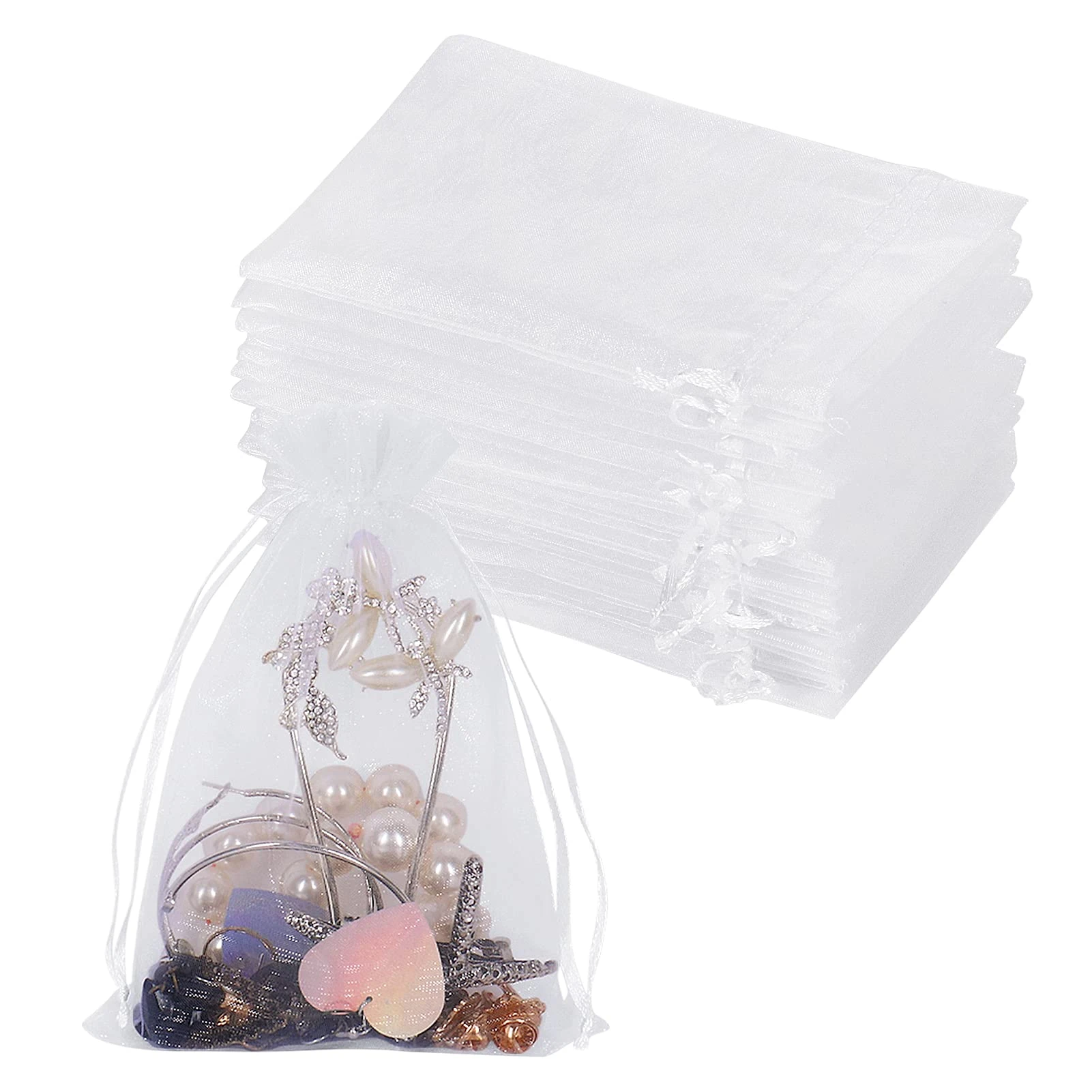 YQL Organza Bags White, 100pcs 10X15cm Mesh Wedding Favour Gift Bags with Drawstring for Jewelry Makeup Candy Baby Shower Valentine Party Christmas Festival Packing