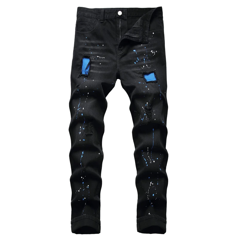 QIMYUM Mens Ripped Jeans, Distressed Destroyed Slim Fit Straight Leg Denim Pants, Black040, 32