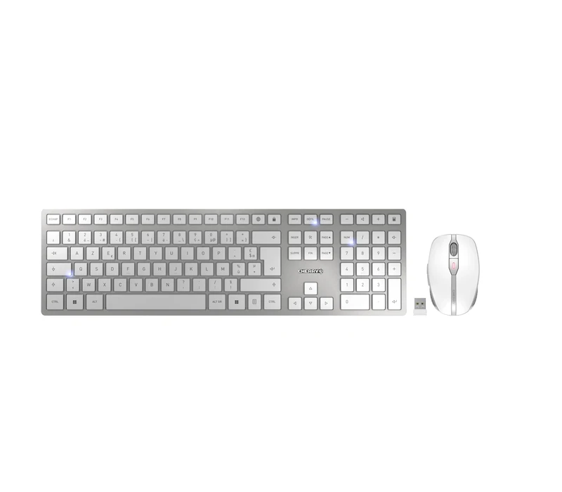 CHERRY DW 9100 SLIM, Wireless Desktop Set, French Layout (AZERTY), Bluetooth & 2.4 GHz RF, Quiet Keys, Rechargeable, Silver/White