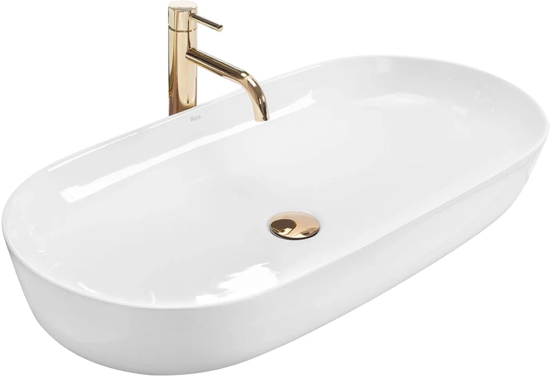 Rea Wash Basin, Countertop Washbasin, Design, Ceramic, High Gloss, Hand Wash Basin, White Oval, 40 x 80 cm