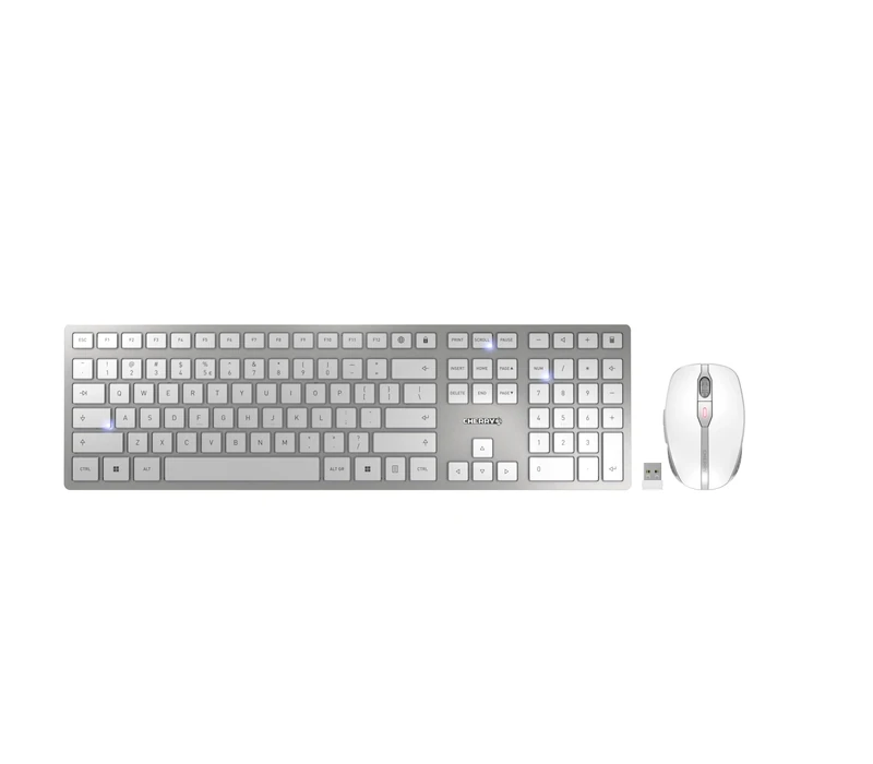 CHERRY DW 9100 SLIM, Wireless Desktop Set, EU Layout (QWERTY), Bluetooth & 2.4 GHz RF, Quiet Keys, Flat Design, Silver/White