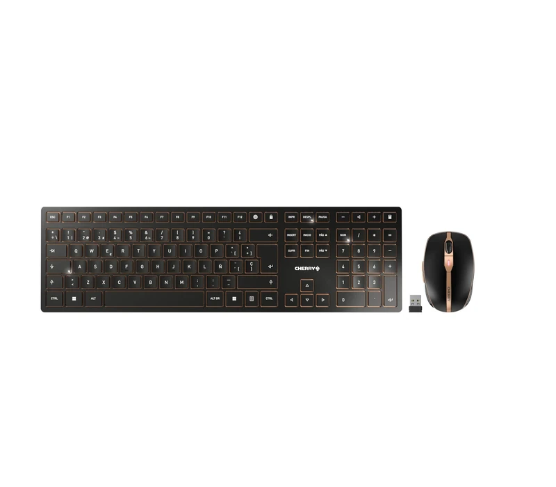 CHERRY DW 9100 SLIM, Wireless Desktop Set, Spanish Layout (QWERTY), Bluetooth & 2.4 GHz RF, Quiet Keys, Rechargeable, Bronze/Black