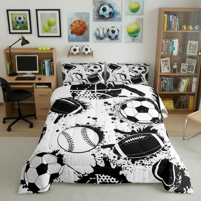 Baseball Comforter,Football Basketball Bedding Set for Kids Boys,Ball Sports Comforter Set,Hip Hop Grunge Graffiti Artwork Bedding Decor,Black and White Duvet Set Full Size,Gift for Boys Teens
