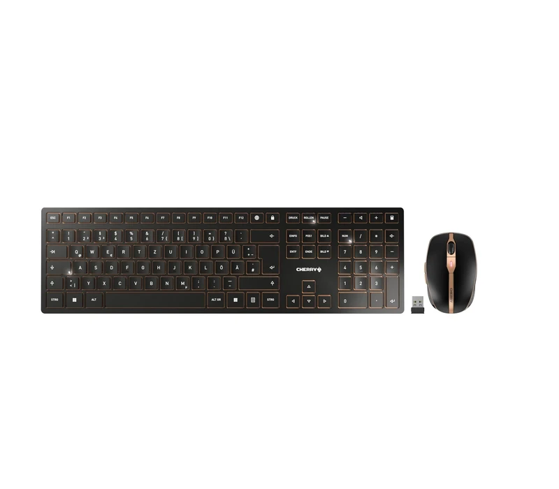 CHERRY DW 9100 SLIM, Wireless Desktop Set, Swiss Layout (QWERTZ), Bluetooth & 2.4 GHz RF, Quiet Keys, Rechargeable, Bronze/Black