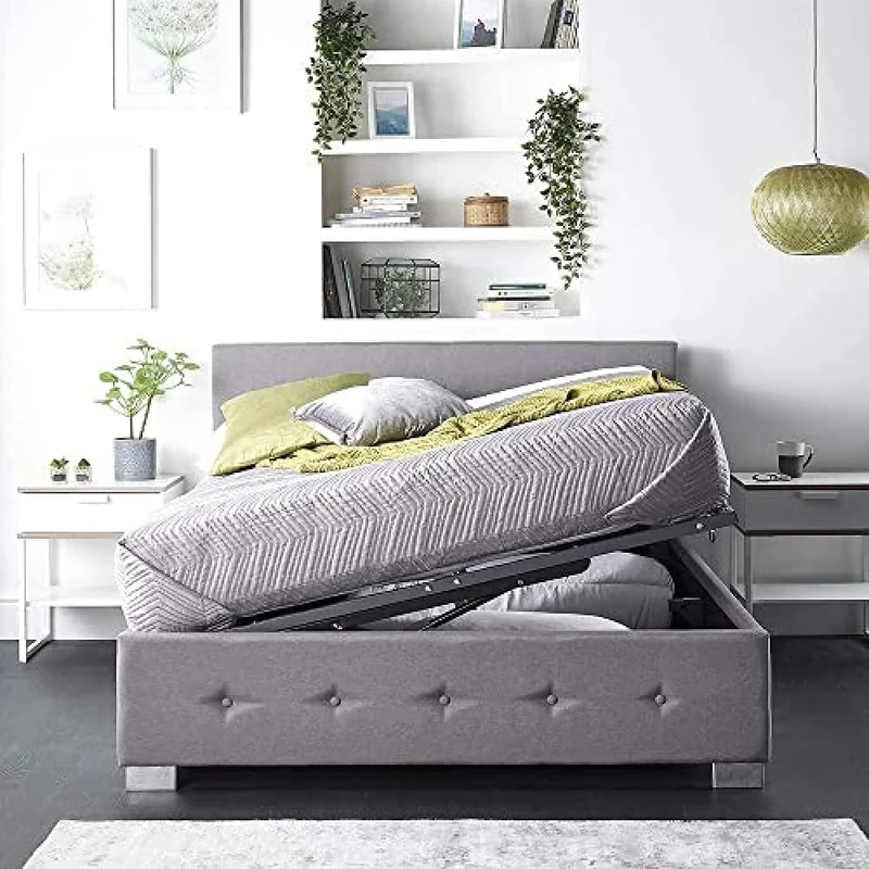 Aspire Beds Upholstered Storage Ottoman Bed Frames With End or Side Opening Ottoman Lift, Side Opening, Grey Plush Velvet, Super King 6ft 180 x 200