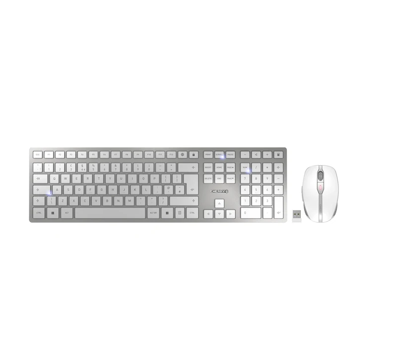 CHERRY DW 9100 SLIM, Wireless Desktop Set, UK Layout (QWERTY), Bluetooth & 2.4 GHz RF, Quiet Keys, Flat Design, Rechargeable, Silver/White