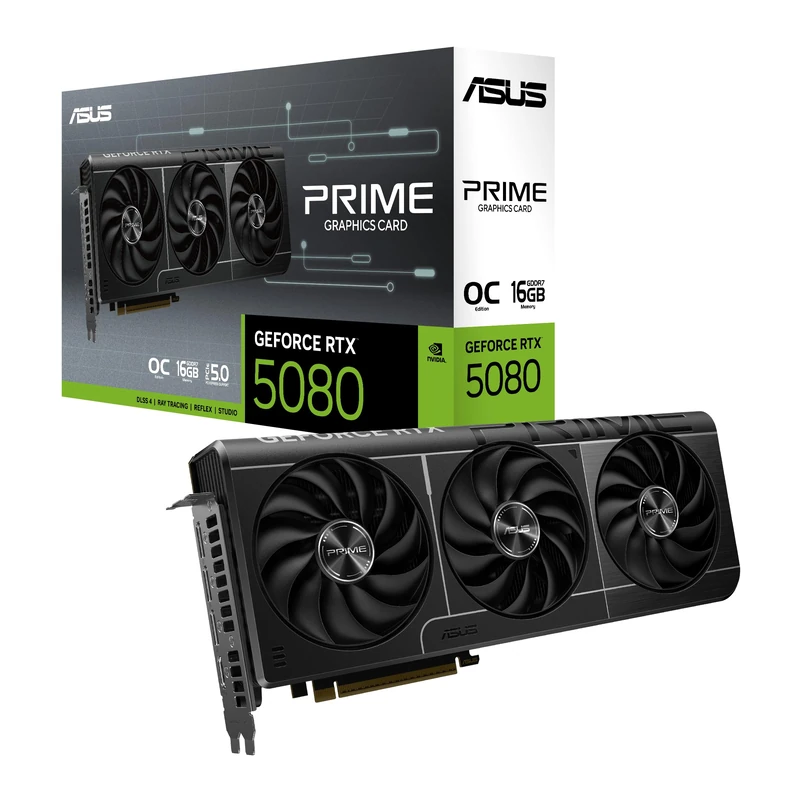 ASUS Prime GeForce RTX 5080 EVO 16GB GDDR7 OC Edition Gaming Graphics Card (Nvidia GeForce RTX5080, SFF-Ready, Dual BIOS Switch, PCIe 5.0, 1x HDMI 2.1b, 3X DisplayPort 2.1a, PRIME-RTX5080-O16G-EVO)