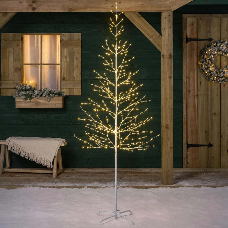 Christow White Twig Tree With Lights 7ft, Light Up Outdoor Christmas Tree, Pre Lit Indoor Birch, Warm White Micro LED, Mains Operated (424 LED)