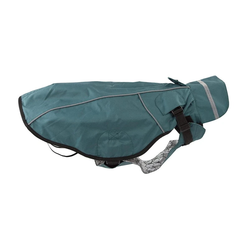 JEGGO Dry Dog Raincoat for Dogs with Zip Opening on Both Sides, Waterproof and Windproof, Breathable, with Inner Lining to Protect Against Cold, 65 cm, Green/Blue