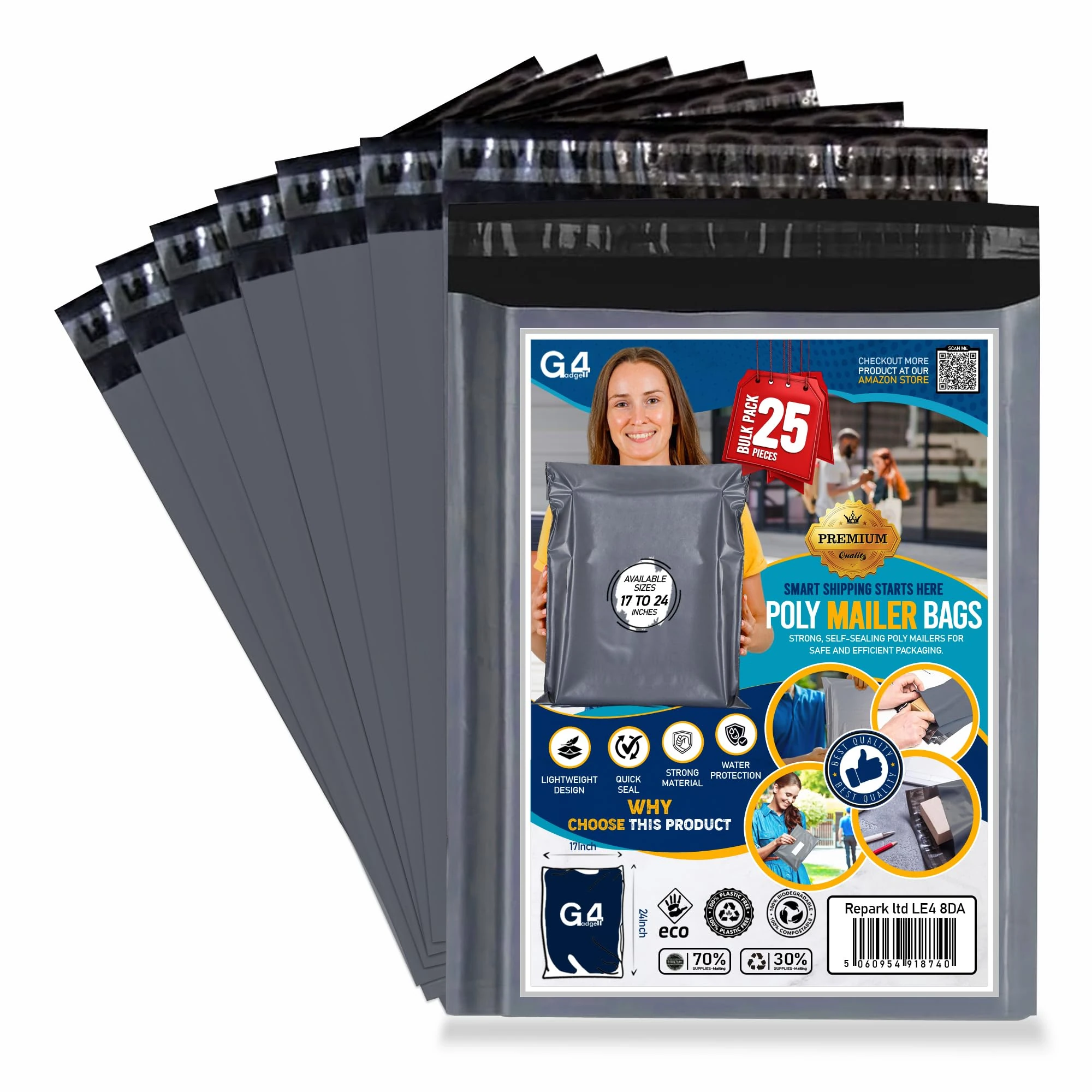 G4GADGET 25 Pack Large Grey Mailing Bags 17x24 [432mm x 610mm] – Strong Postage Bags for Clothes, Vinted Shipping, Parcel Packaging, Delivery, Mailing & Posting