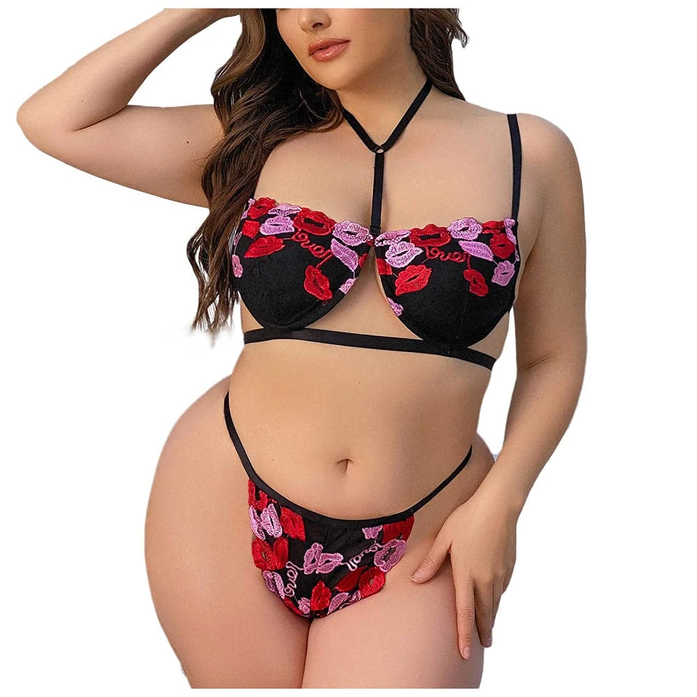 Women's Baby Dolls Sexy Lingerie Embroidery Halter Underwear Women Sleepwear Set-Rojo_XL