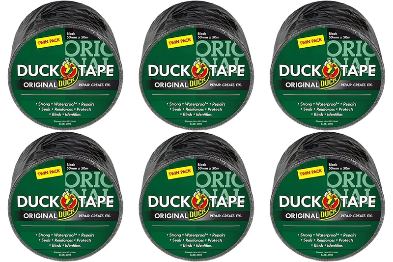 Duck Tape Original Black, 50 mm x 50 m (Twin Pack), Pack of 6 (12 rolls total)