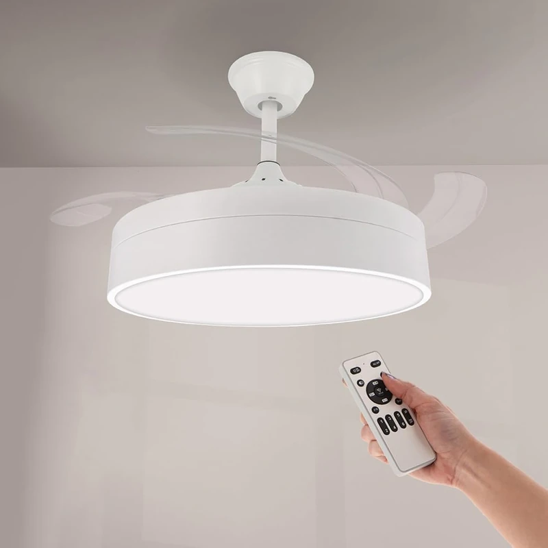 M mimotec - Ceiling Fan with LED Light Messe 72W White, Remote Control, Low Consumption, DC Motor, 6 speeds, Quiet, 4 Folding Blades, Summer-Winter Function, Timer