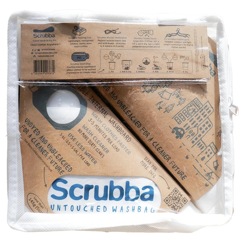 Scrubba UNTOUCHED Wash Bag & Dry Kit – Portable Washing Machine System with XL Towel, Pegless Clothesline & Hangers – Lightweight Eco-Friendly Travel Laundry Kit for Camping, Hiking & Hostels
