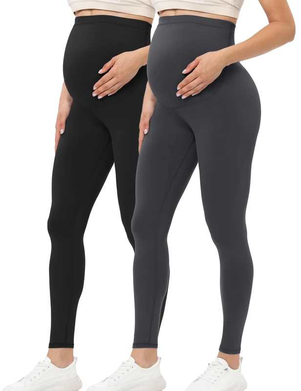 Buttergene Women's Maternity Leggings Over The Belly Maternity Yoga Pants Workout Pregnancy Leggings, 2pack Black/Dark Gray, Large