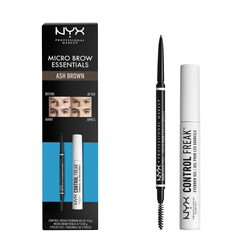 NYX Professional Makeup Brow Essentials Micro Brow Pencil & Control Freak Clear Brow Gel Duo Set, Shade: Ash Brown