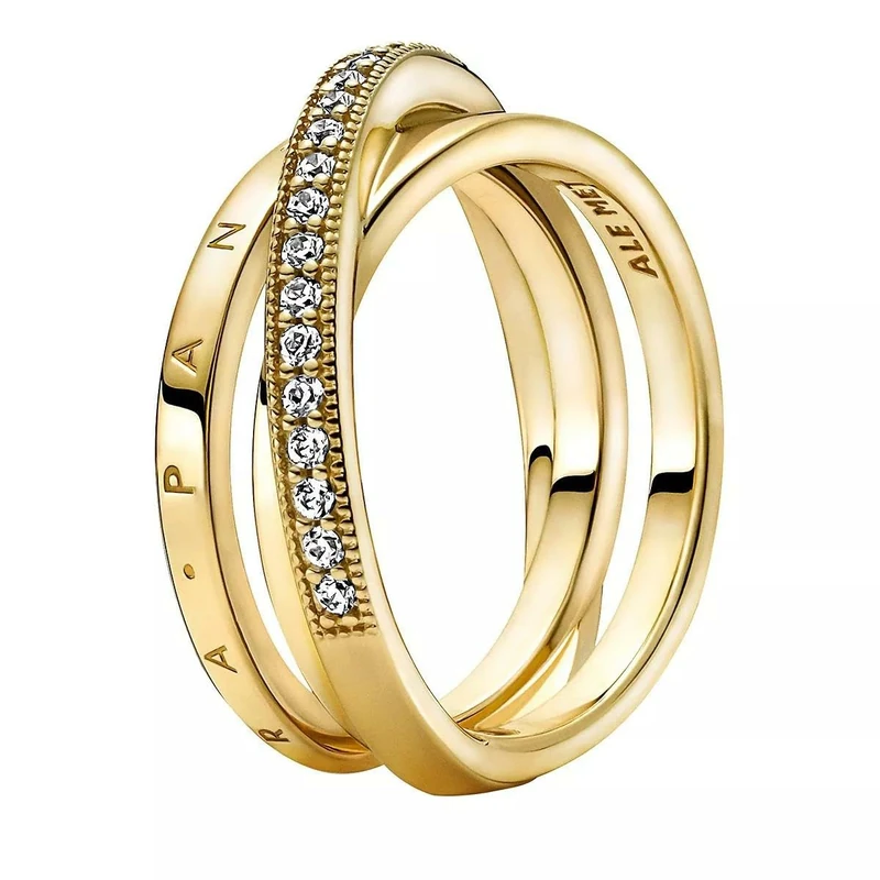 Pandora Signature Crossover Pavé Triple Band 14k gold-plated ring with clear cubic zirconia, 54