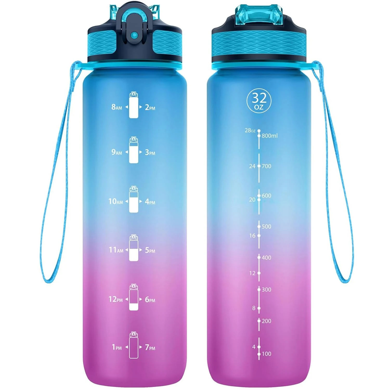NAVTUE Water Bottle, 1L Sports Water Bottle with Straw, Time Markings, Tritan BPA free, Leakproof Drinks Bottle for School, Cycling, Running (1 Bottle)