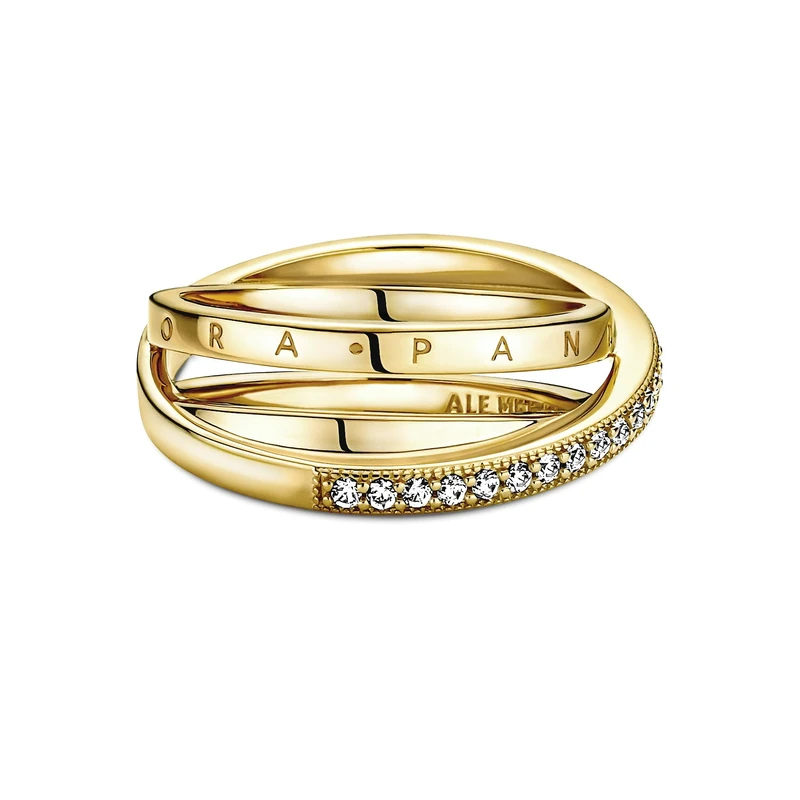 Pandora Signature Crossover Pavé Triple Band 14k gold-plated ring with clear cubic zirconia, 52