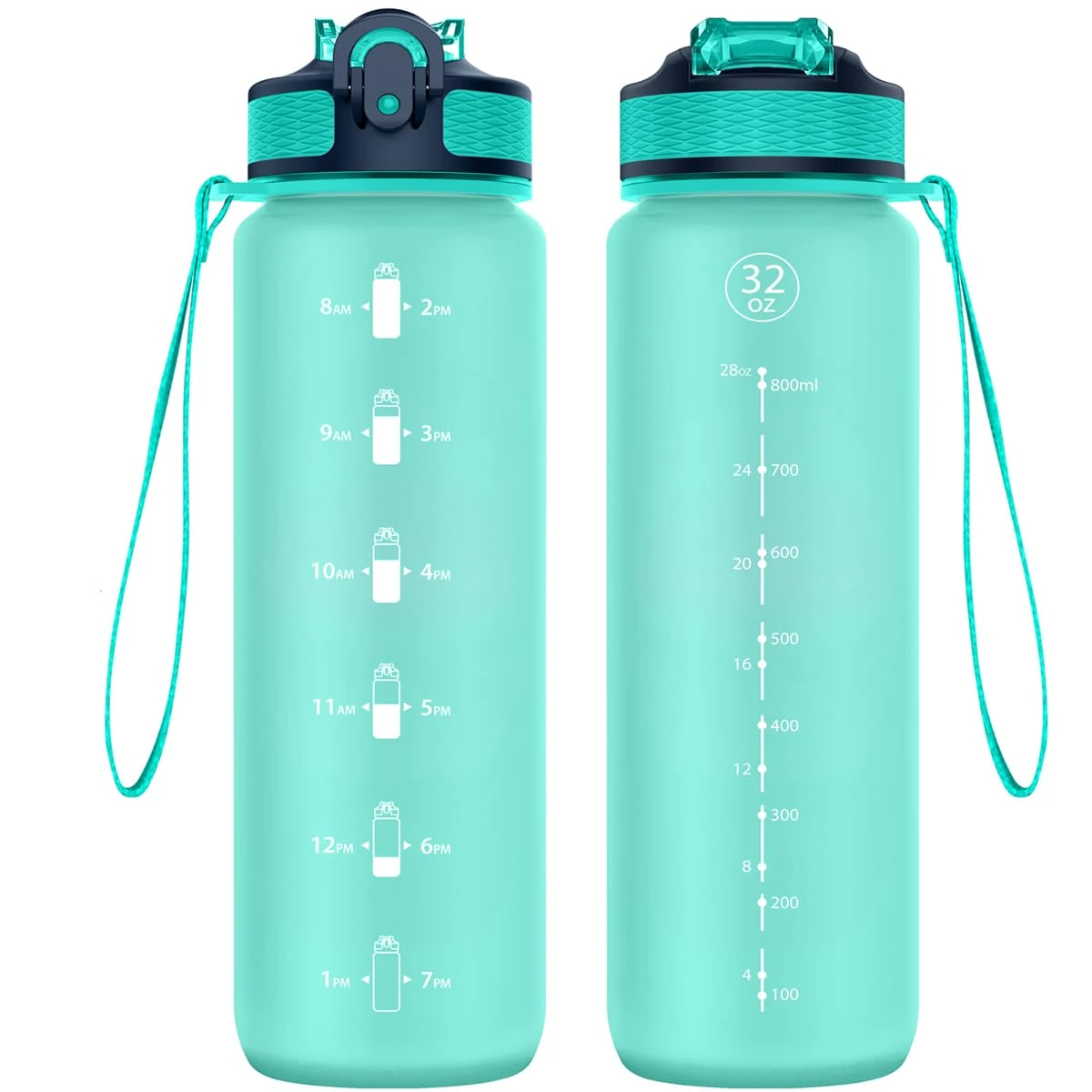 NAVTUE 1L Water Bottle with Straw, Sports Drinks Bottle with Time Markings, Leak Proof, Tritan BPA Free for School/Cycling/Running Mint Green