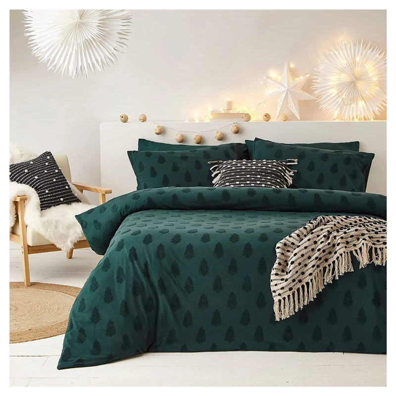 The Linen Yard Tufted Tree Duvet Cover Set, Cotton, Pine Green, Double