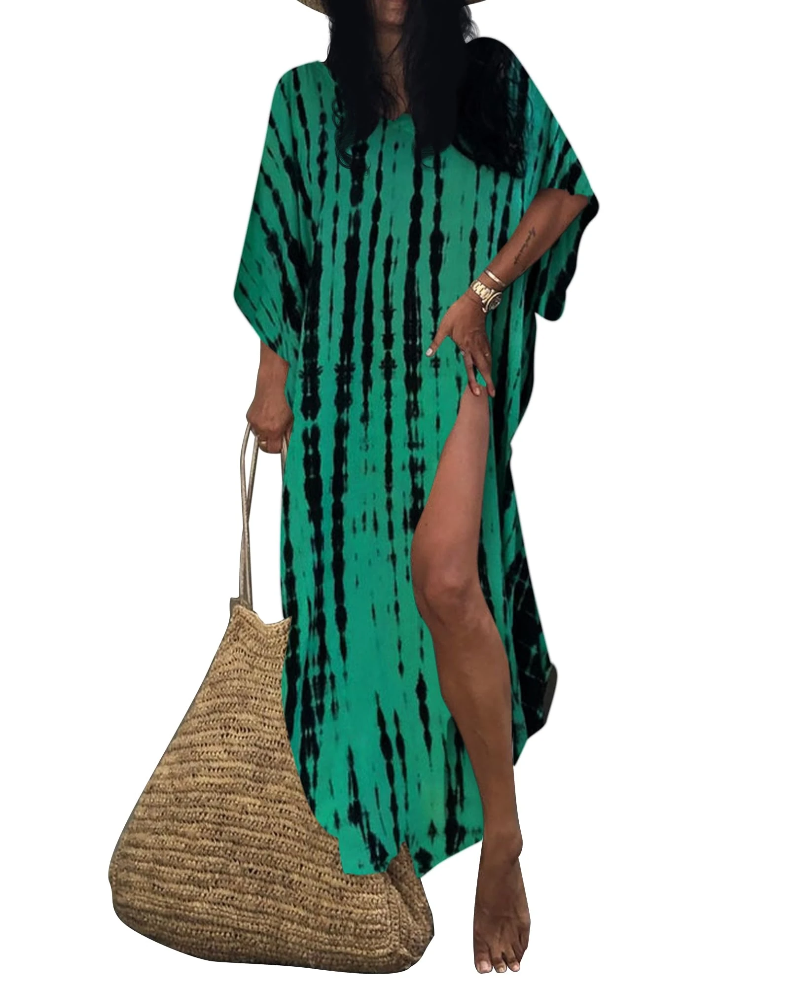 Bsubseach Women Beach Kaftan Dresses Stripe Print Plus Size Bathing Suit Cover Ups Caftan Loungewear Dress Green Black