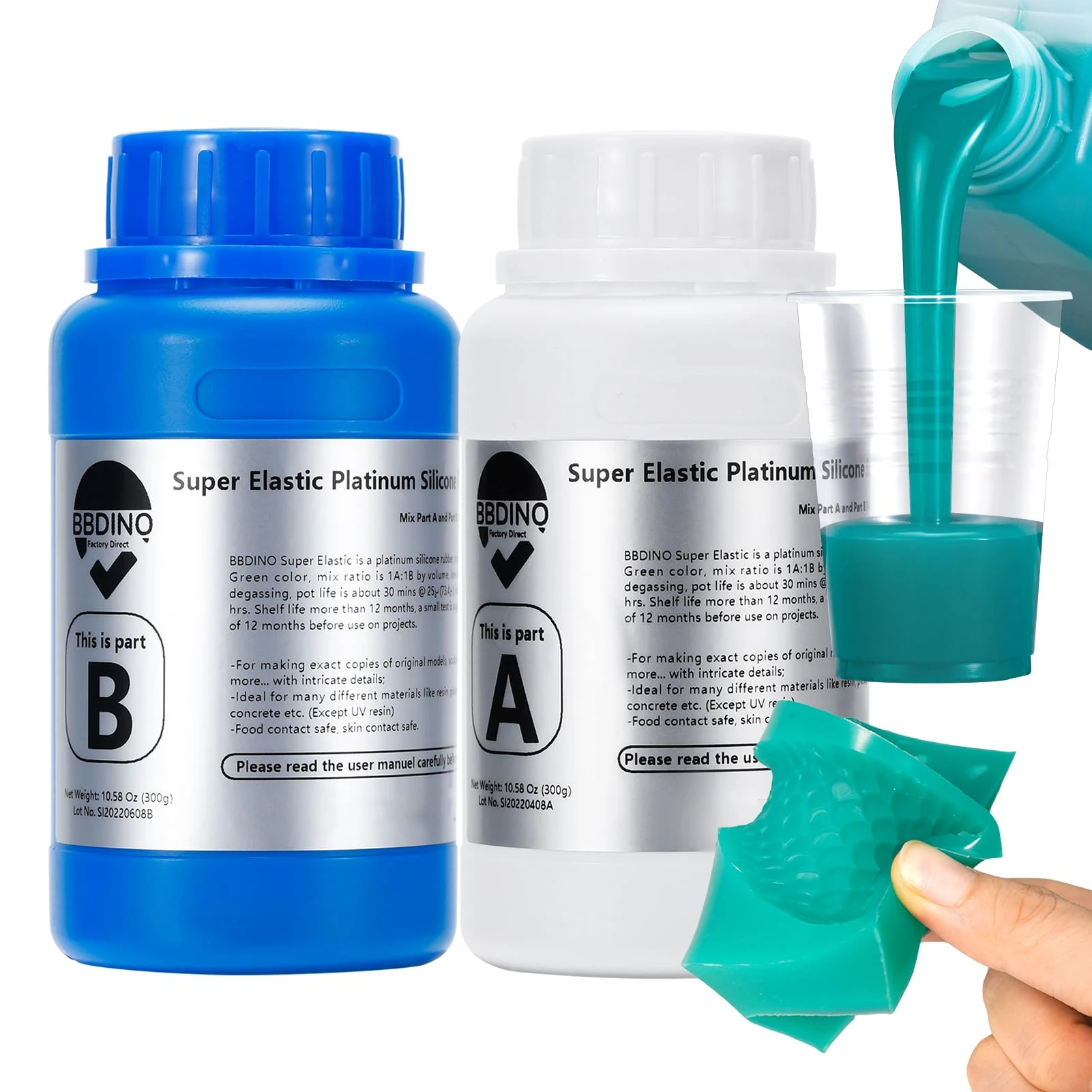 BBDINO Super Elastic Silicone Mould Making Kit, 600g Liquid Platinum Silicone 1:1 Mixing, Ideal for Casting Moulds of Resin | Plaster | Wax etc. Jade Green