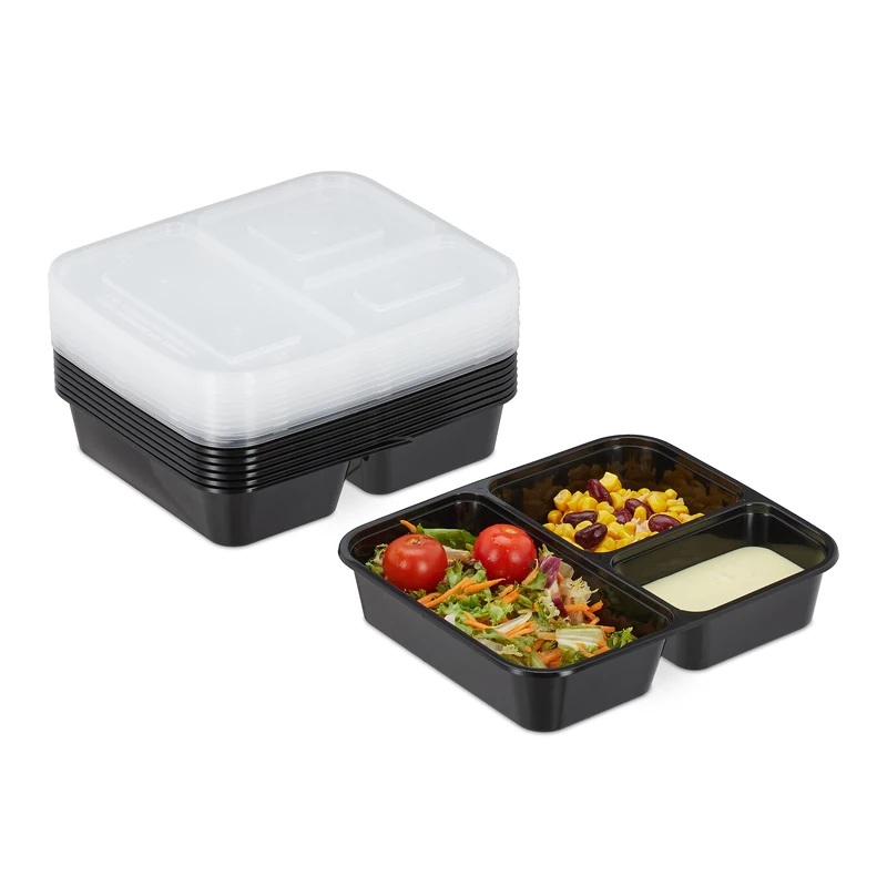 Relaxdays Meal Prep Containers, Set of 10, 3 Compartments, Microwave-Safe, 1000 ml, Reusable, Plastic Lunch Box, Black, 4.5 x 21.5 x 18.5 cm