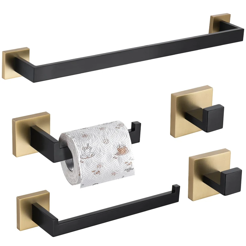 TURS 5-Piece Bathroom Hardware Set Black and Gold Towel Bar Holder Sets Hand Towel Holder Toilet Paper Holder and 2 Towel Hooks,Stainless Steel Wall Mounted