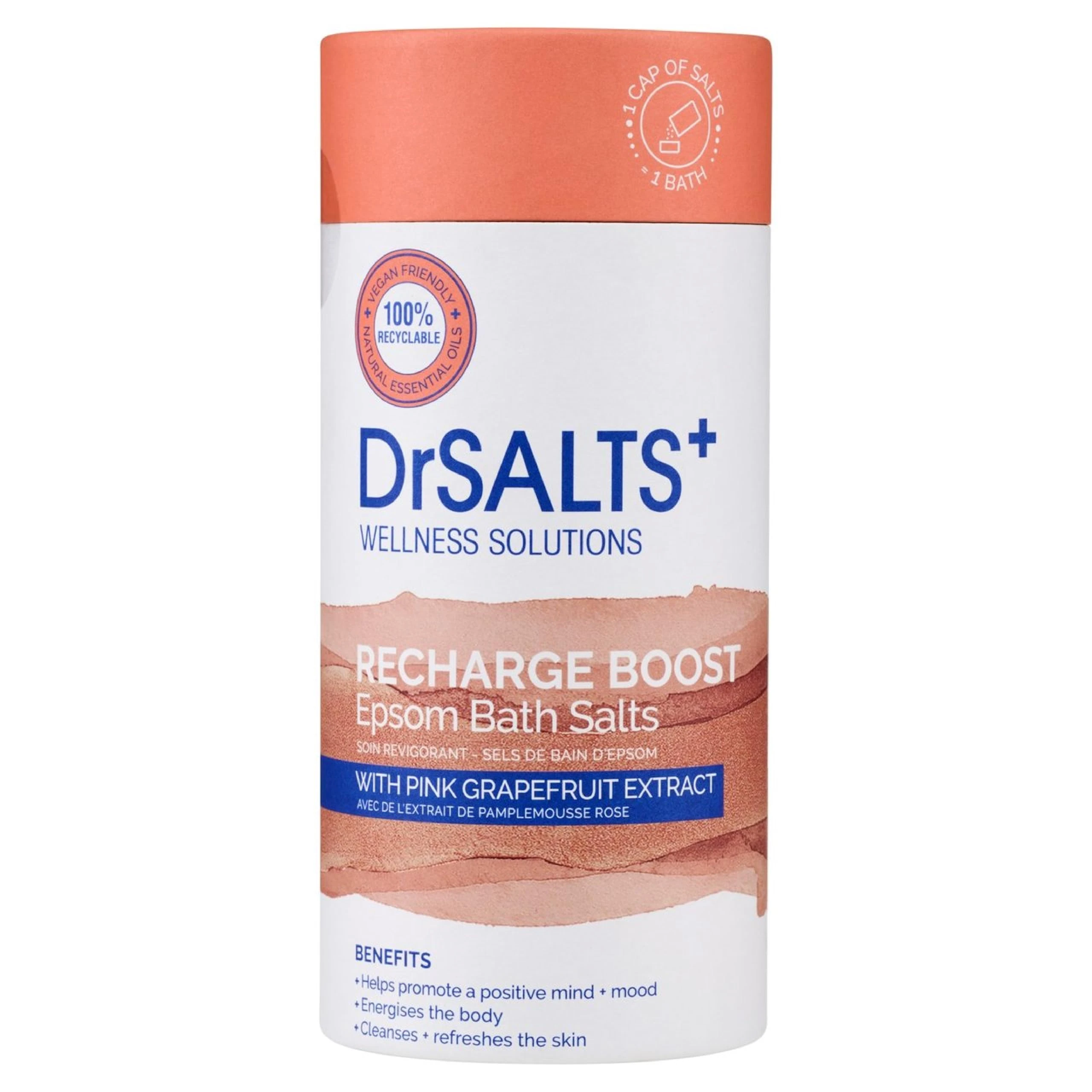 DrSALTS+ Recharge Boost Epsom Salts - Invigorating Epsom Bath Salts to Rejuvenate Mind & Body with Pink Grapefruit Essential Oils - Vegan & Cruelty-Free, 750g
