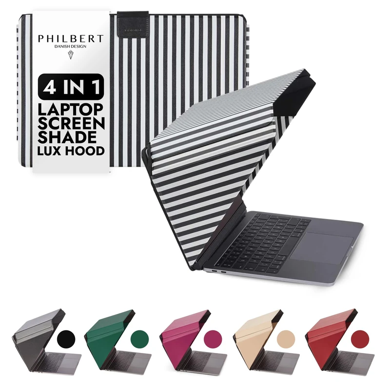 Philbert Danish Design 4-in-1 Laptop Sun Shade Lux Hood - Screen Shade, Privacy Screen, Heat Protection, Contrast Enhancement - Fits 15"-16” Laptops, Self-Standing Cover with Pocket - Striped