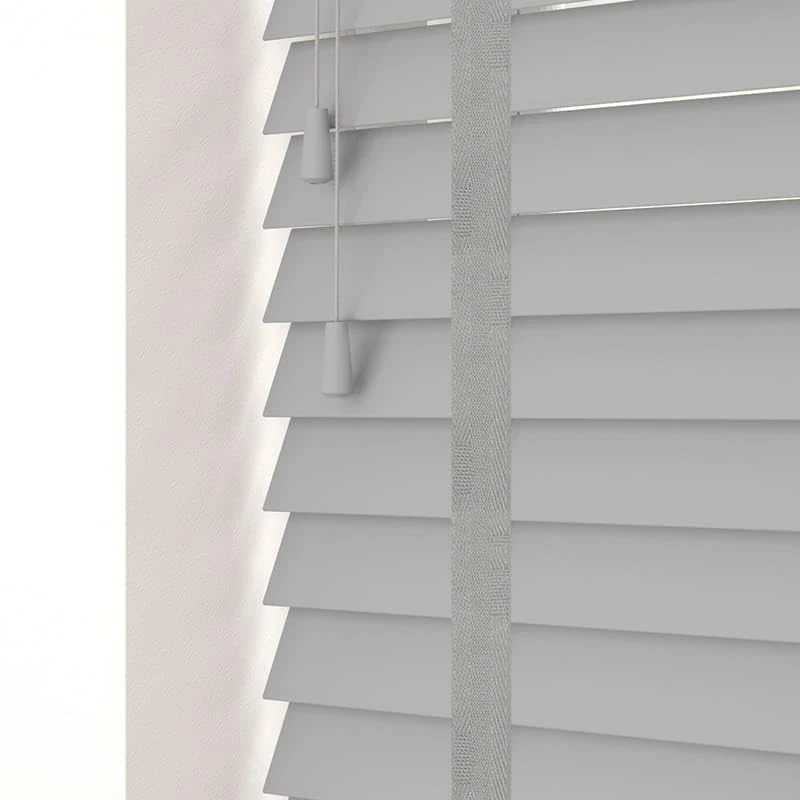funky gadgets smooth Faux Wood wooden Venetian Blinds ONE With STRINGS and THE OTHER with TAPE 50mm Slats TRIMMABLE (Grey With Tape, 45cm width x 150cm drop)