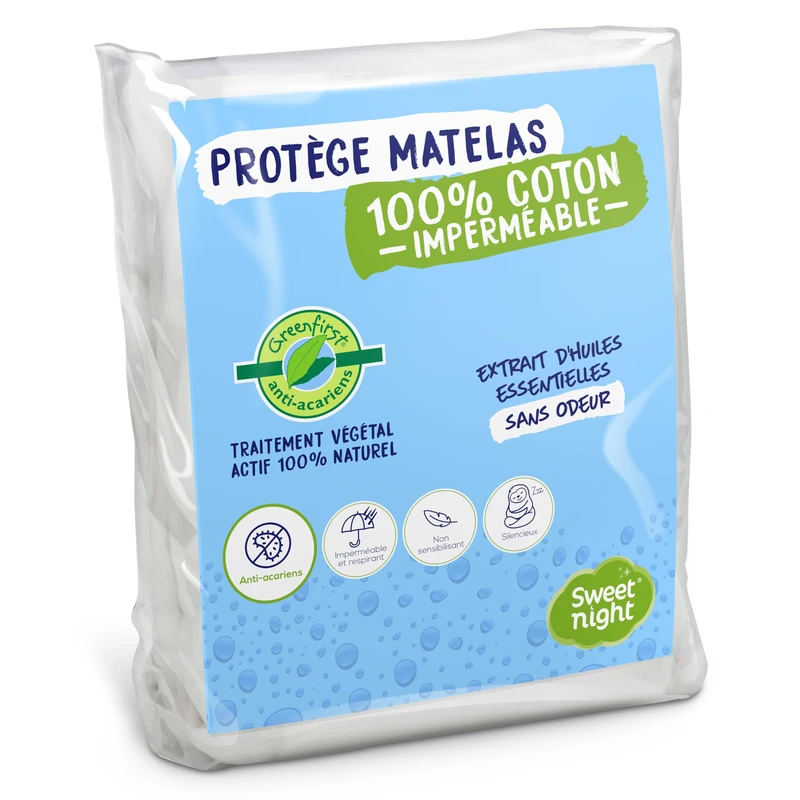 SWEET NIGHT Sweetnight Greenfirst® Mattress Protector 180 x 200 cm | Plant Treatment: 100% Natural Active and Anti-Dust Mite | Waterproof Mattress Protector | 100% Cotton Fleece | Absorbent and Silent - Image 1