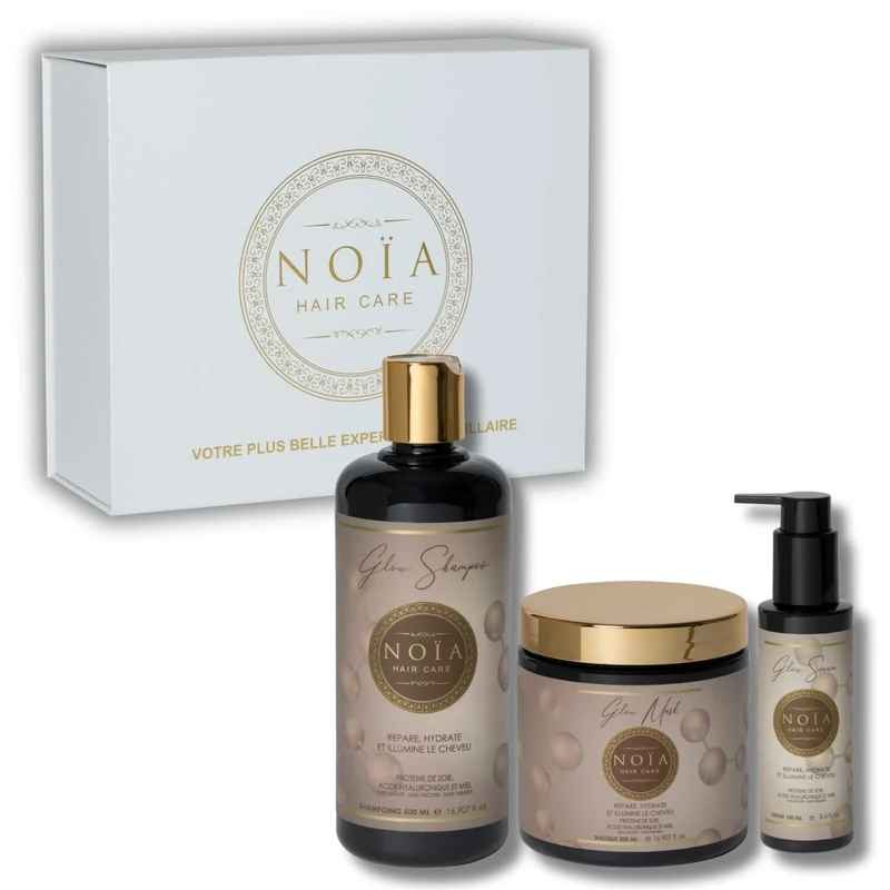 NOÏA HAIR - Prestige Hair Care Routine Set - GLOW Collection - Shampoo + Mask + Serum (Silk Protein, Hyaluronic Acid & Honey)