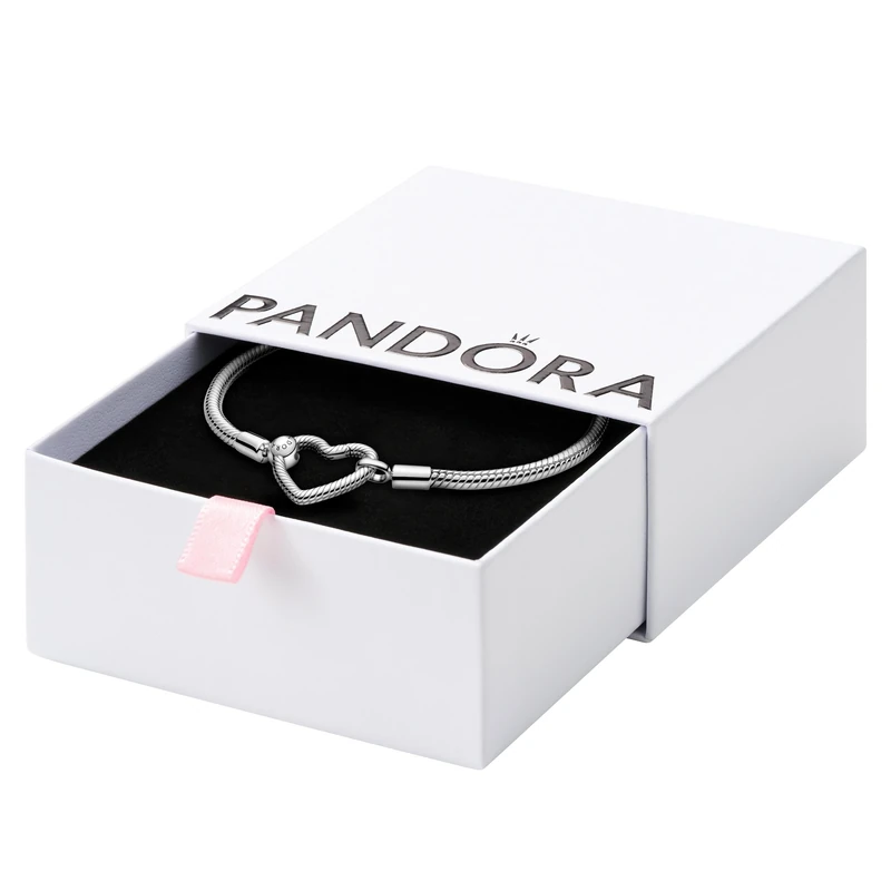 PANDORA Moments Women's Sterling Silver Heart Closure Snake Chain Bracelet, Size 16, No Box