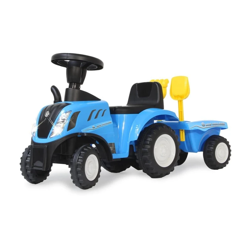 JAMARA 460355 Ride-On New Holland T7 Tractor - from 12 Months, Seat Height 270 mm, Tilt Protection, True to the Original Look, Trailer with Shovel and Rake, LED Light, Blue