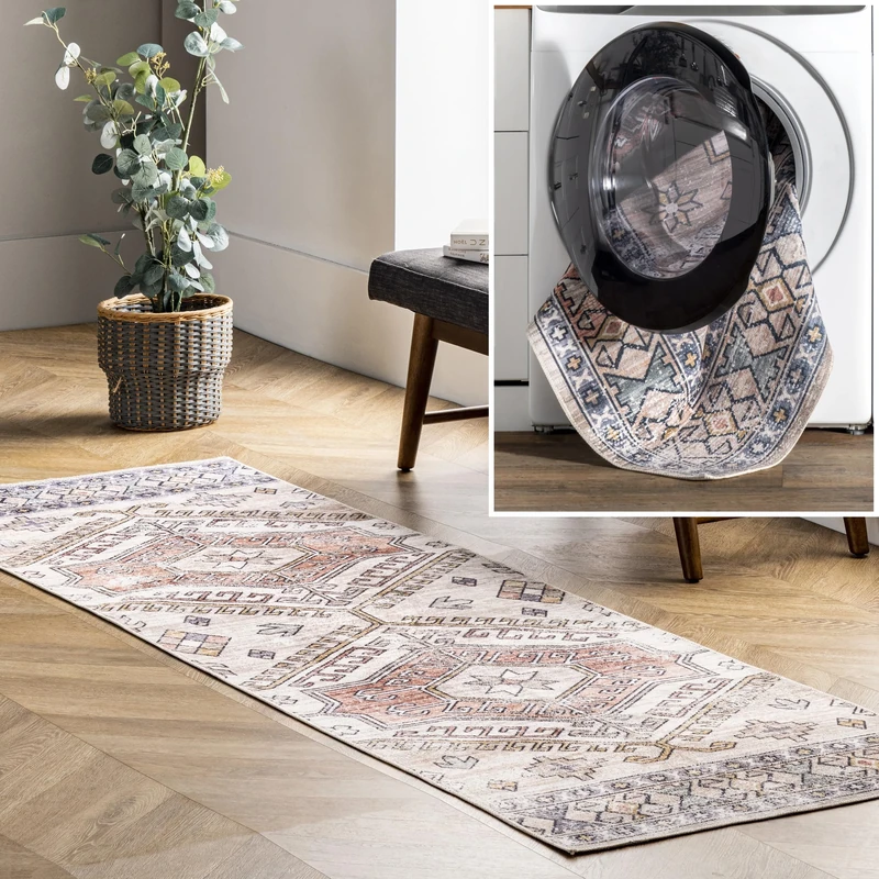 nuLOOM 2' x 12' SpinClean Machine Washable Stain-Resistant Area Rug with Non Slip Backing, Low Profile for Living Room, Bedroom, and Dining Room, Mae Peach