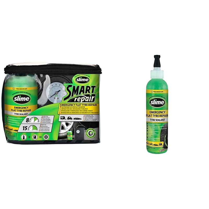 Slime CRK0305-IN Flat Tyre Puncture Repair, Smart Repair, Emergency Kit for Car Tyres & SDS-500/06-IN Flat Tyre Puncture Sealant, Emergency Repair, 473 mL (16oz) Bottle, Green, 550 g