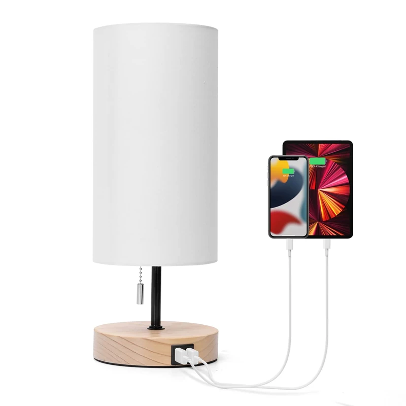 Aigostar Bedside Lamp with 2 USB Charging Ports, E27 Table Lamp with Pull Switch, Wooden Base, Desk Lamp for Living Room, Bedroom, Office - White - Image 1