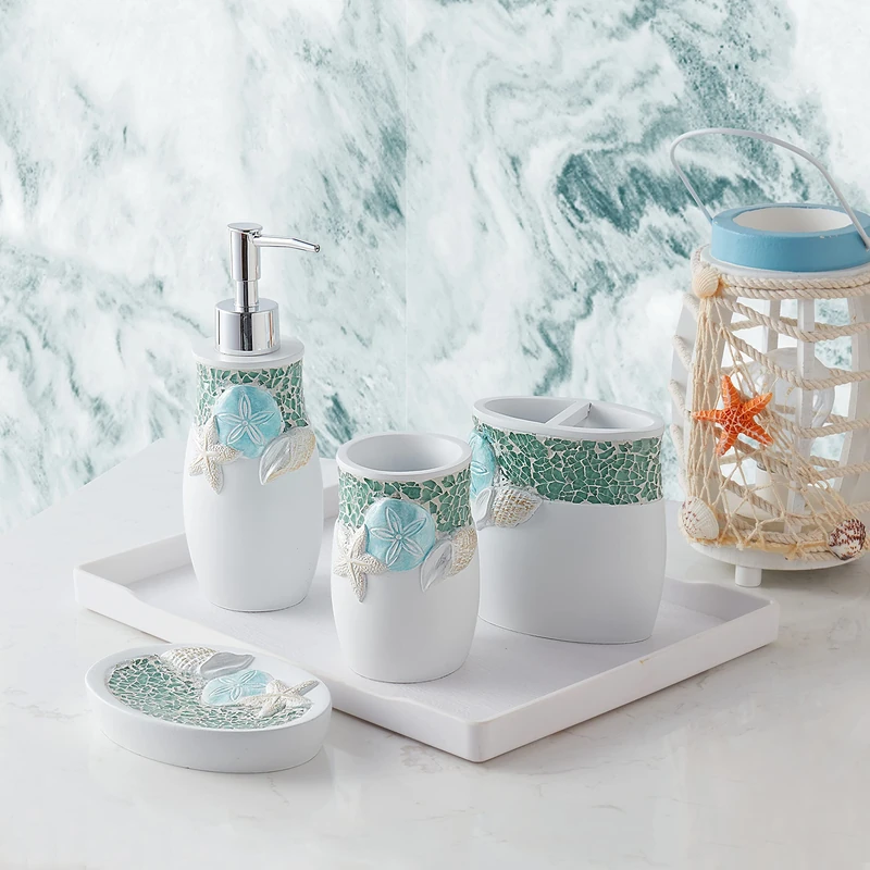 Sweet Home Collection Bathroom Accessories Unique Collections Modern Classic Contemporary Decorative Beautiful Designs Bath Shower Tub Décor, 4 Piece Set, Seascape