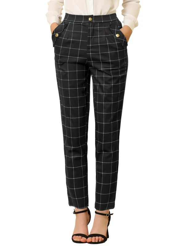 Allegra K Women's Vintage Tartan Plaid Pants Elastic Waist Straight Long Trousers, Black, M