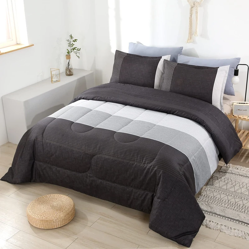 PERFEMET Full Size Comforter Sets 3 Pieces - Black White Grey Design Striped Bedding Set for Boys Men, Ultra Soft Lightweight Neutral Comforter for All Season (1 Comforter, 2 Pillowcases)