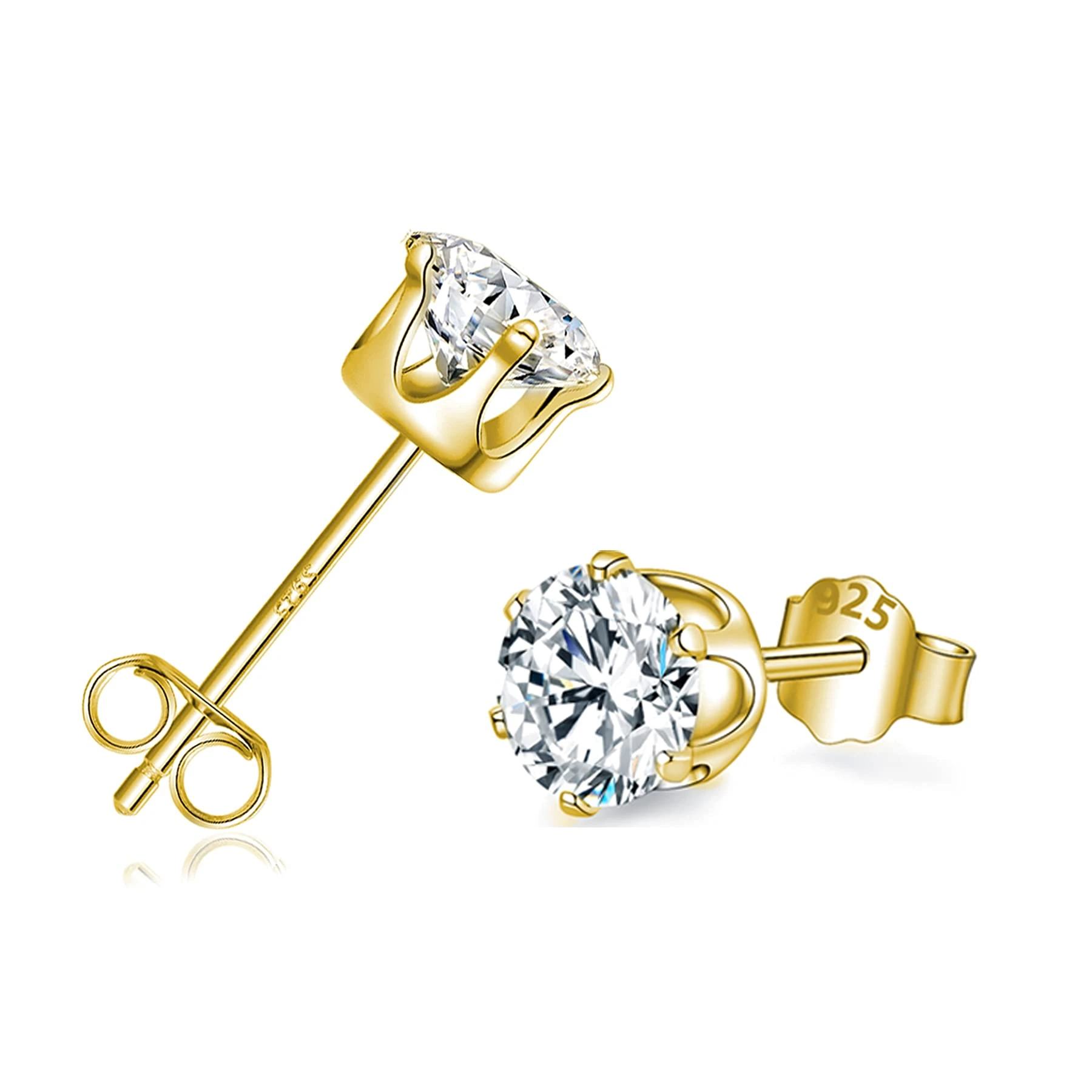 Sterling Silver Stud Earrings, 925 Sterling Silver, 18K Gold Studs, Hypoallergenic Cubic Zirconia, 5mm Small Gold