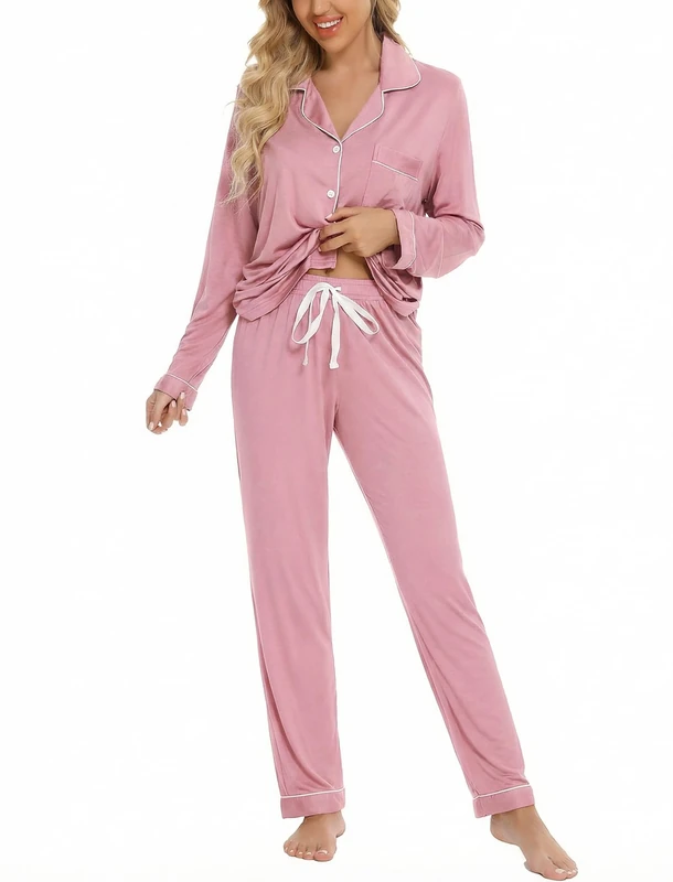 Leikar Button Up Pajama Set For Women Long Sleeve Shirt And Pajama Pants Soft Pjs Lounge Sets, Bean Paste, M