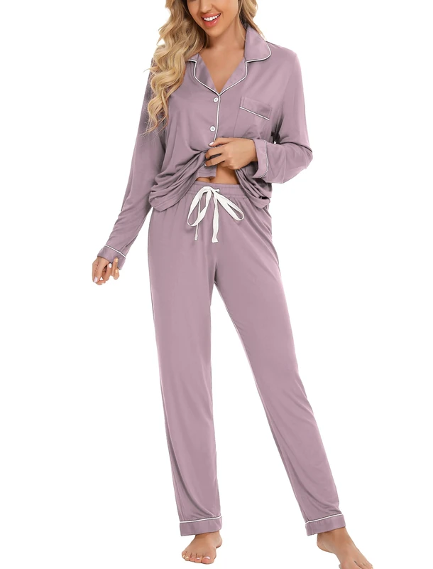 Leikar Button Up Pajama Set For Women Long Sleeve Shirt And Pajama Pants Soft Pjs Lounge Sets, Violet, M