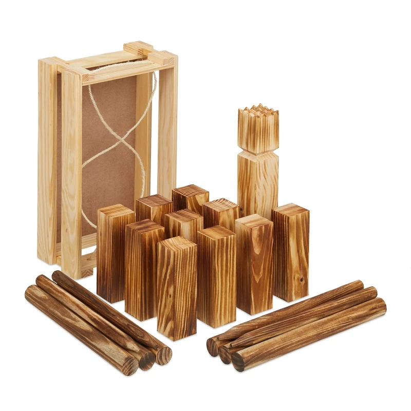 Relaxdays kubb Viking game, 21 wooden pawns, outdoor fun, camping, for adults and children, topple and throw, brown, Wood