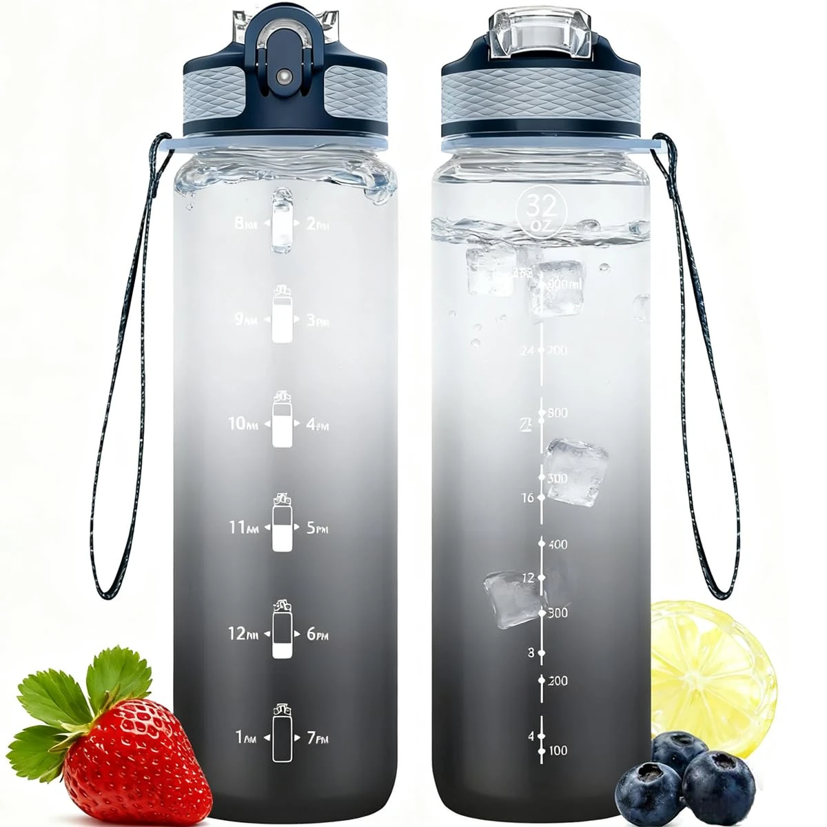 NAVTUE Water Bottle, 1L Sports Water Bottle with Straw, Time Markings, Tritan BPA free, Leakproof Drinks Bottle for School, Cycling, Running (1 Bottle)